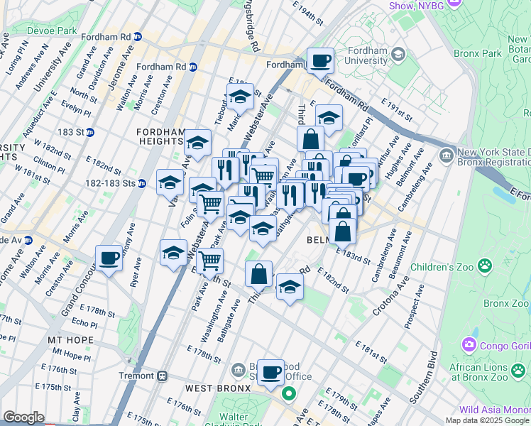 map of restaurants, bars, coffee shops, grocery stores, and more near 2248 Bassford Avenue in The Bronx