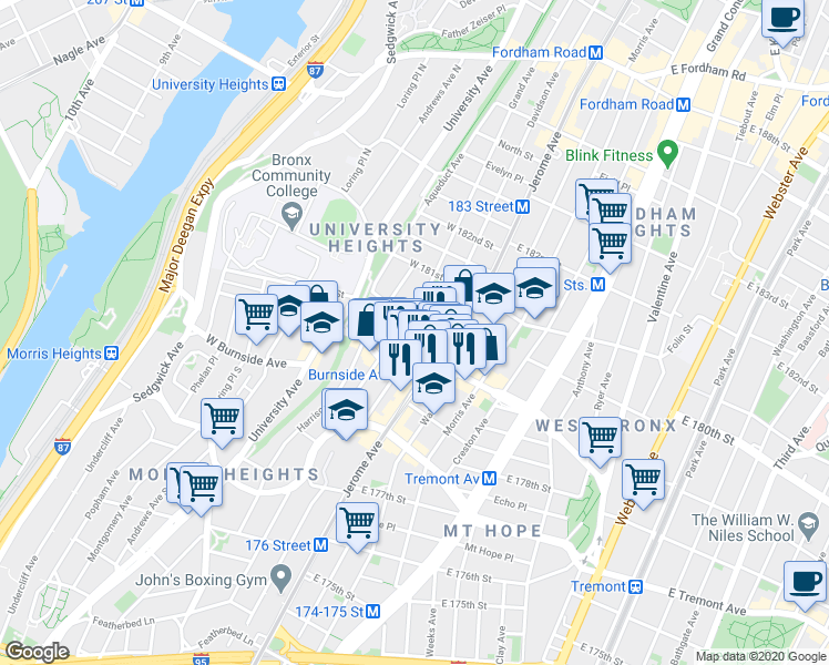 map of restaurants, bars, coffee shops, grocery stores, and more near 9 West Burnside Avenue in The Bronx