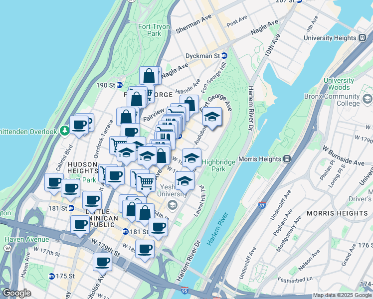 map of restaurants, bars, coffee shops, grocery stores, and more near 559 West 189th Street in New York