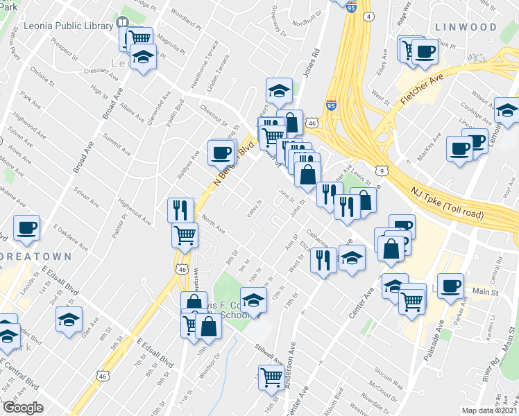 map of restaurants, bars, coffee shops, grocery stores, and more near 1581 John Street in Fort Lee