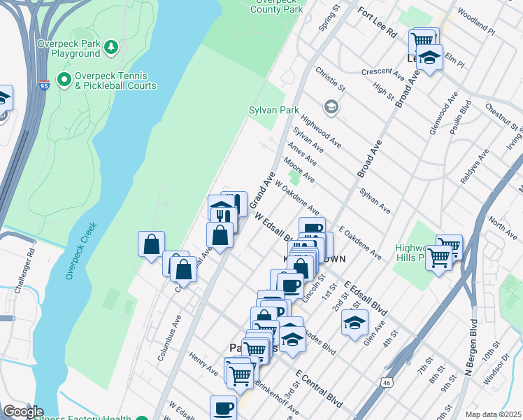 map of restaurants, bars, coffee shops, grocery stores, and more near 84 West Edsall Boulevard in Palisades Park