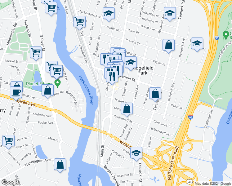 map of restaurants, bars, coffee shops, grocery stores, and more near 44 Hobart Street in Ridgefield Park