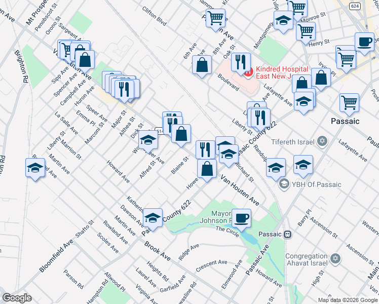 map of restaurants, bars, coffee shops, grocery stores, and more near 101 Blaine Street in Passaic
