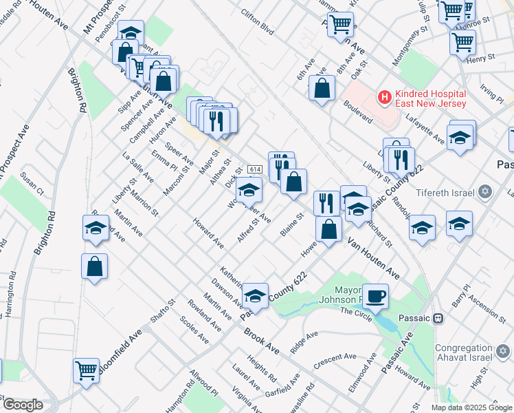 map of restaurants, bars, coffee shops, grocery stores, and more near 13 15speer Avenue in Passaic
