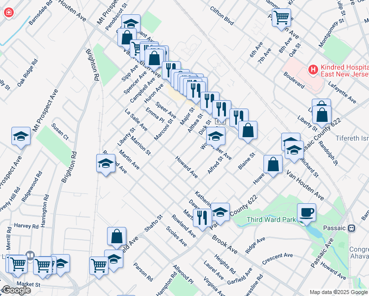 map of restaurants, bars, coffee shops, grocery stores, and more near 90 Wonham Street in Clifton