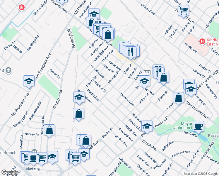 map of restaurants, bars, coffee shops, grocery stores, and more near 129 Major Street in Clifton