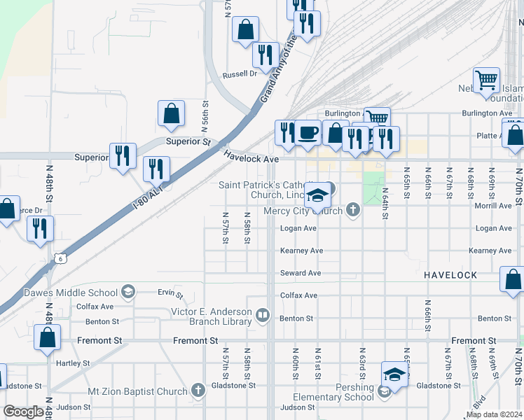 map of restaurants, bars, coffee shops, grocery stores, and more near 4101 Touzalin Avenue in Lincoln