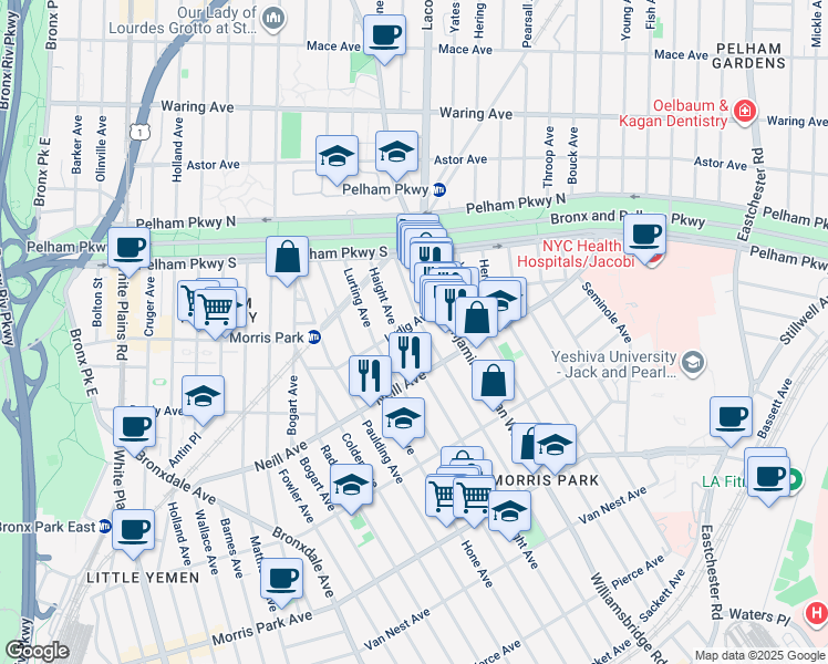 map of restaurants, bars, coffee shops, grocery stores, and more near 2023 Haight Avenue in Bronx