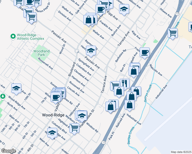 map of restaurants, bars, coffee shops, grocery stores, and more near 315 Cleveland Avenue in Hasbrouck Heights