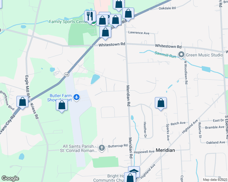 map of restaurants, bars, coffee shops, grocery stores, and more near Fortieth Street in Meridian