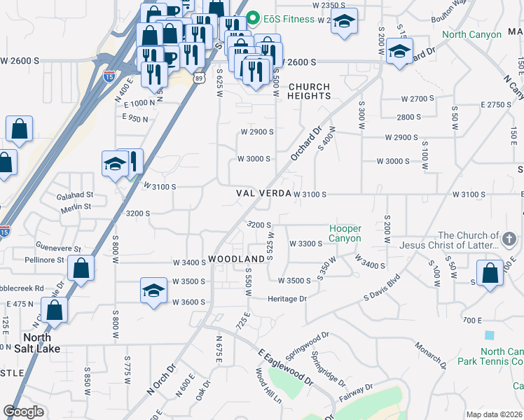 map of restaurants, bars, coffee shops, grocery stores, and more near 545 Applewood Drive in Bountiful