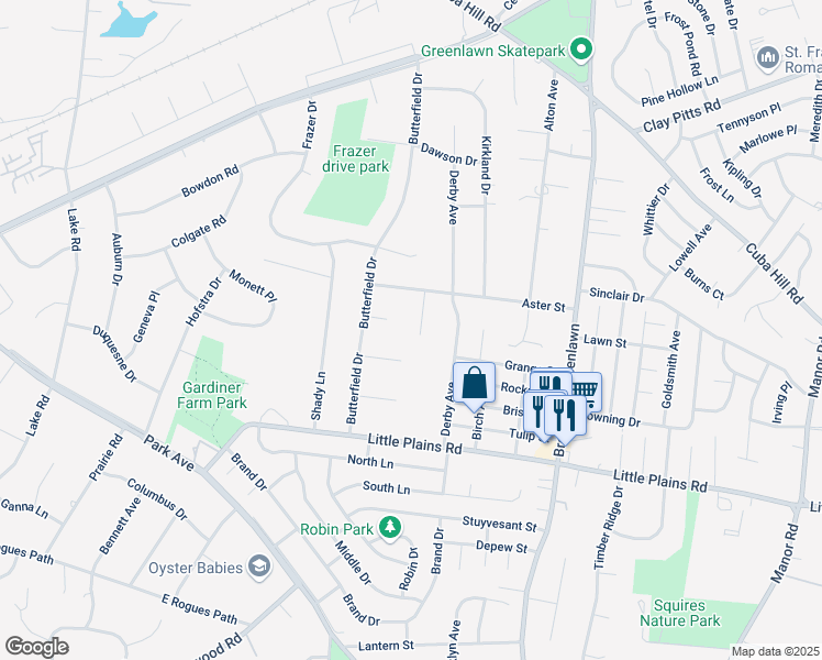 map of restaurants, bars, coffee shops, grocery stores, and more near 41 Derby Avenue in Greenlawn