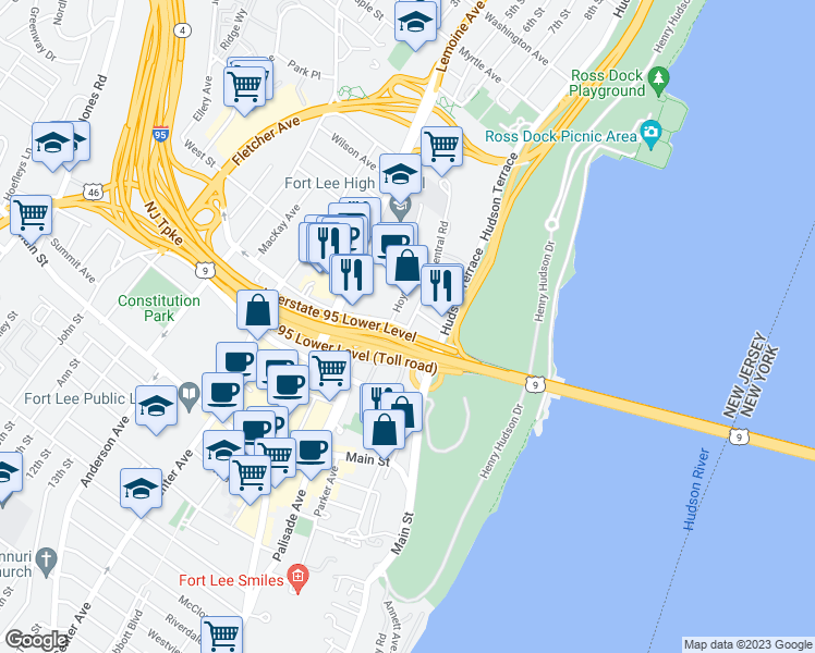 map of restaurants, bars, coffee shops, grocery stores, and more near Central Rd & Bridge Plaza N in Fort Lee