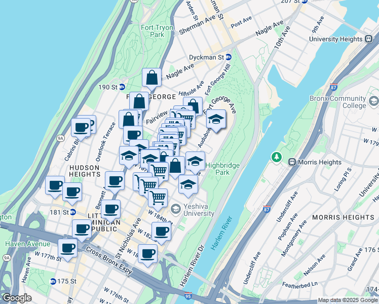 map of restaurants, bars, coffee shops, grocery stores, and more near 559 West 189th Street in New York