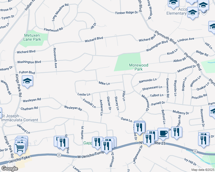 map of restaurants, bars, coffee shops, grocery stores, and more near 36 Glacier Drive in Smithtown