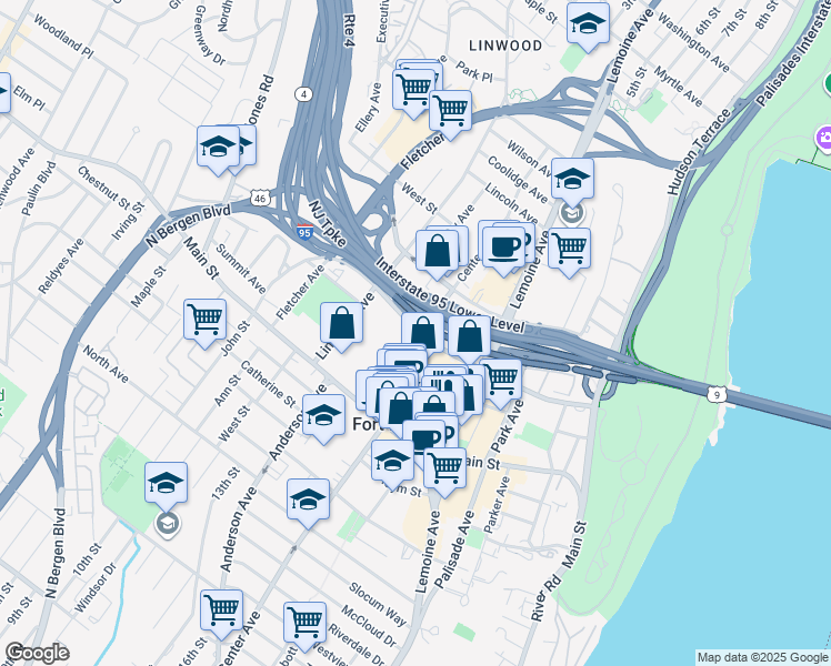 map of restaurants, bars, coffee shops, grocery stores, and more near in Fort Lee