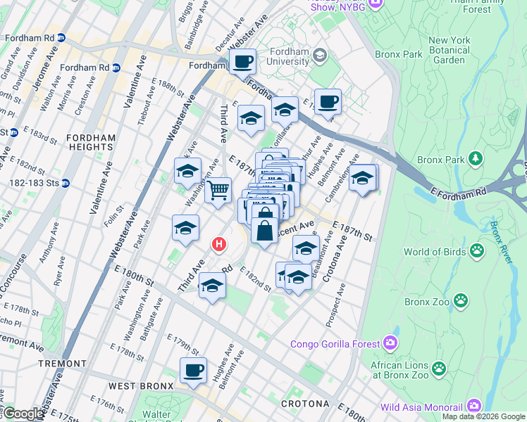 map of restaurants, bars, coffee shops, grocery stores, and more near 2334 Arthur Avenue in Bronx