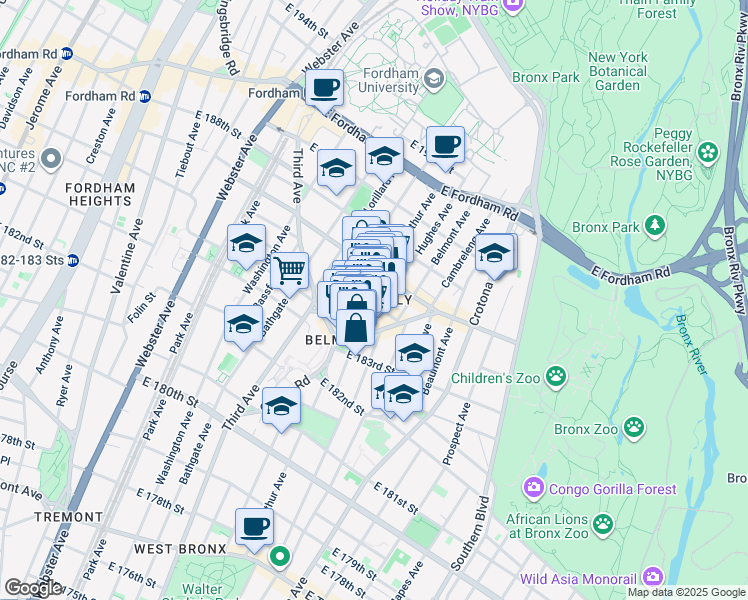 map of restaurants, bars, coffee shops, grocery stores, and more near 601 East 186th Street in Bronx
