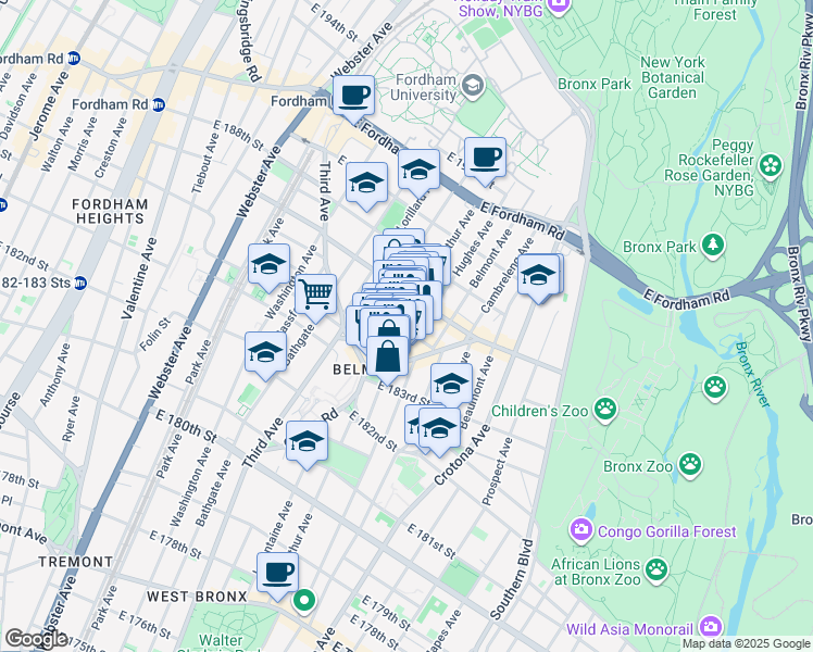 map of restaurants, bars, coffee shops, grocery stores, and more near 2334 Arthur Avenue in Bronx