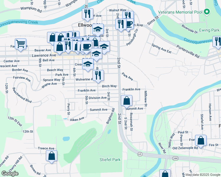 map of restaurants, bars, coffee shops, grocery stores, and more near 220 Franklin Avenue in Ellwood City