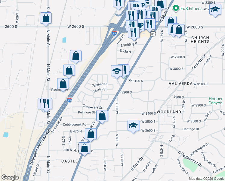 map of restaurants, bars, coffee shops, grocery stores, and more near 370 Merlin Street in North Salt Lake