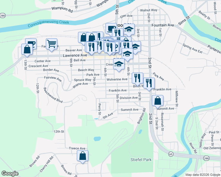 map of restaurants, bars, coffee shops, grocery stores, and more near 504 Wayne Avenue in Ellwood City