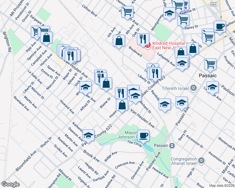 map of restaurants, bars, coffee shops, grocery stores, and more near 52 Blaine Street in Passaic