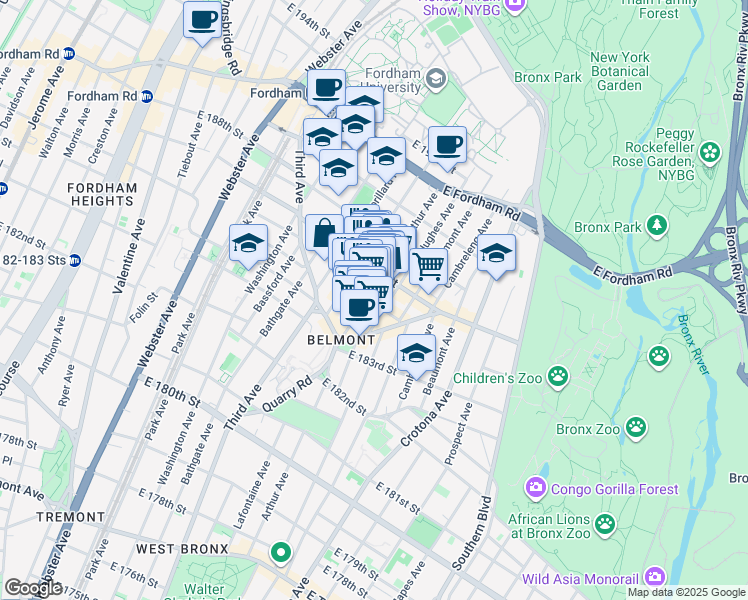 map of restaurants, bars, coffee shops, grocery stores, and more near in The Bronx