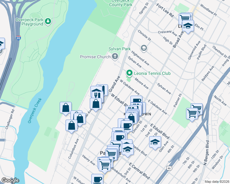 map of restaurants, bars, coffee shops, grocery stores, and more near 524 Grand Avenue in Palisades Park