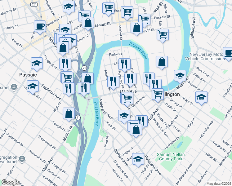 map of restaurants, bars, coffee shops, grocery stores, and more near 91 Maple Avenue in Wallington