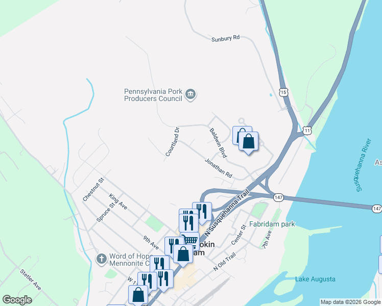 map of restaurants, bars, coffee shops, grocery stores, and more near 4 Jonathan Court in Shamokin Dam
