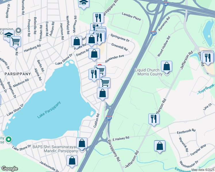 map of restaurants, bars, coffee shops, grocery stores, and more near 350 Parsippany Road in Parsippany-Troy Hills