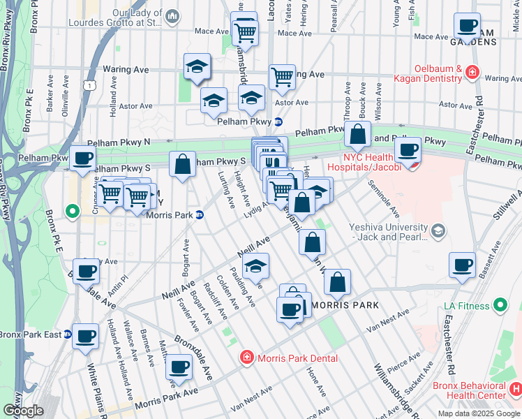 map of restaurants, bars, coffee shops, grocery stores, and more near 2121 Tomlinson Avenue in Bronx