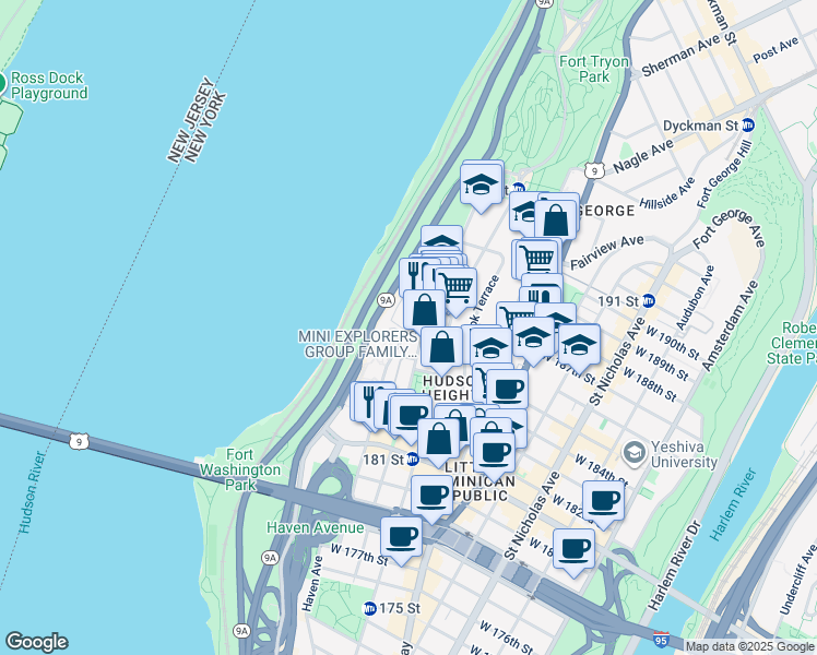 map of restaurants, bars, coffee shops, grocery stores, and more near Cabrini Boulevard in New York