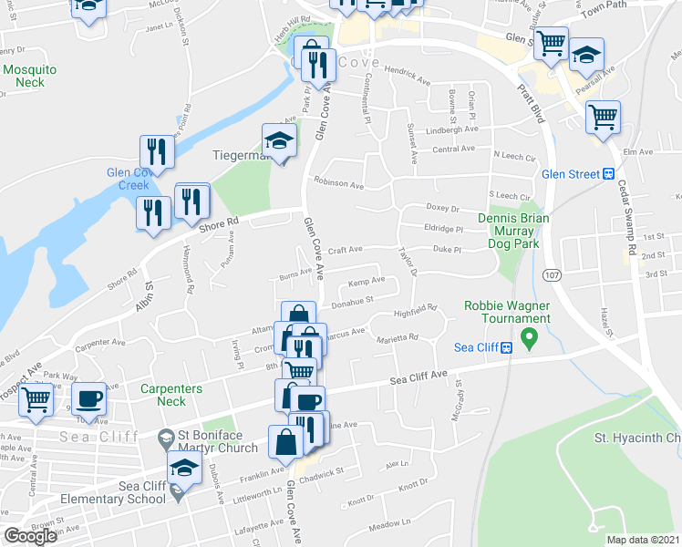map of restaurants, bars, coffee shops, grocery stores, and more near 6 Ralph Young Avenue in Glen Cove