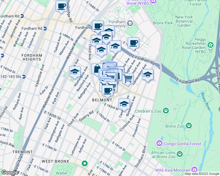 map of restaurants, bars, coffee shops, grocery stores, and more near Arthur Avenue & East 186th Street in Bronx