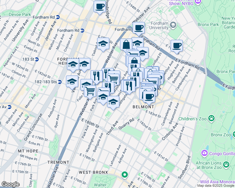 map of restaurants, bars, coffee shops, grocery stores, and more near 2261 Bassford Avenue in Bronx