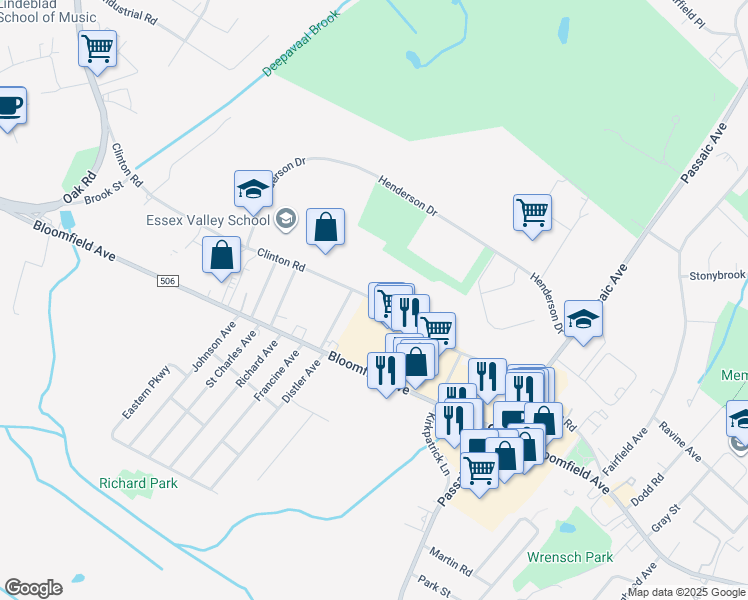 map of restaurants, bars, coffee shops, grocery stores, and more near Clinton Road in West Caldwell