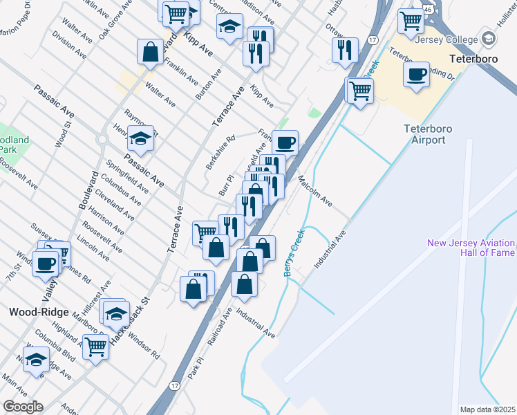 map of restaurants, bars, coffee shops, grocery stores, and more near 177 New Jersey 17 in Hasbrouck Heights