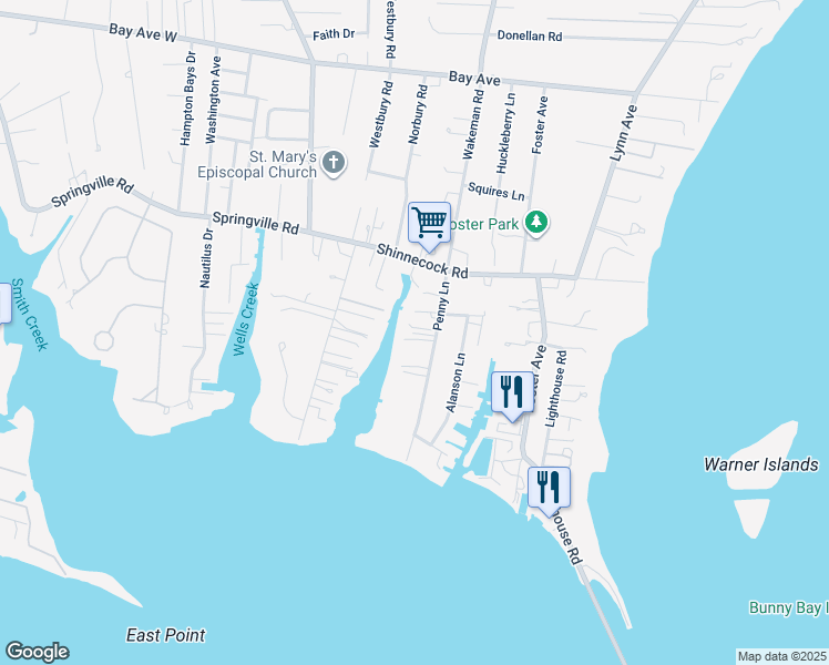 map of restaurants, bars, coffee shops, grocery stores, and more near 8 Penny Lane in Hampton Bays