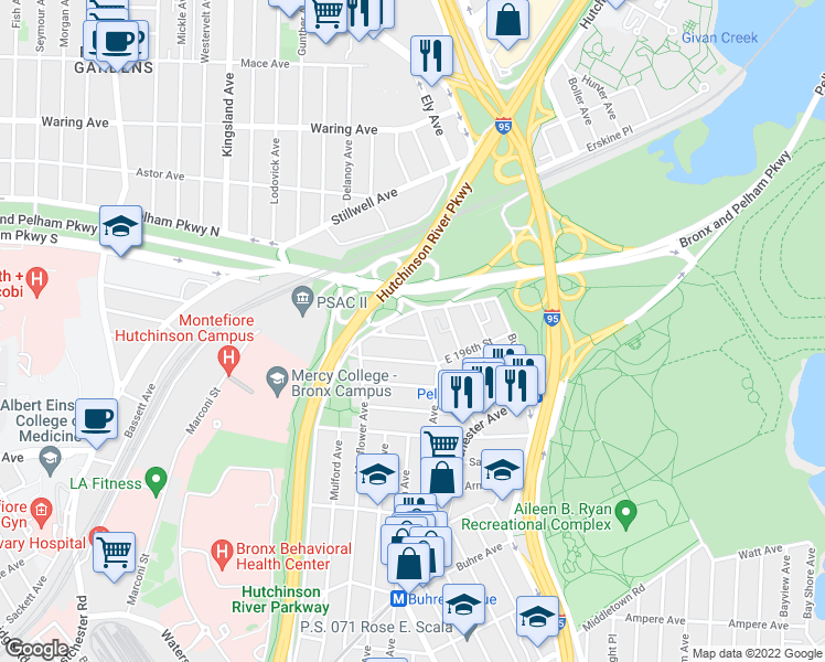 map of restaurants, bars, coffee shops, grocery stores, and more near 1850 Pelham Parkway South in The Bronx