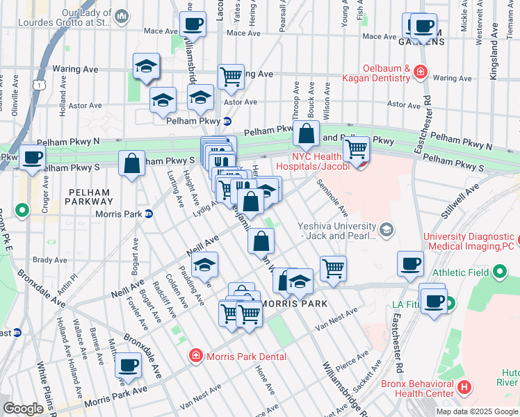map of restaurants, bars, coffee shops, grocery stores, and more near 2034 Yates Avenue in Bronx