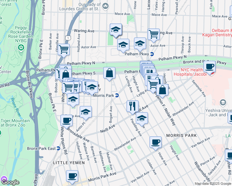 map of restaurants, bars, coffee shops, grocery stores, and more near 2159 Hone Avenue in Bronx