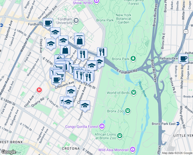 map of restaurants, bars, coffee shops, grocery stores, and more near 2471 Crotona Avenue in The Bronx