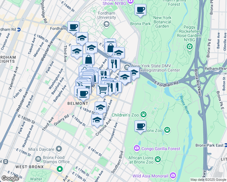 map of restaurants, bars, coffee shops, grocery stores, and more near 2445 Beaumont Avenue in Bronx