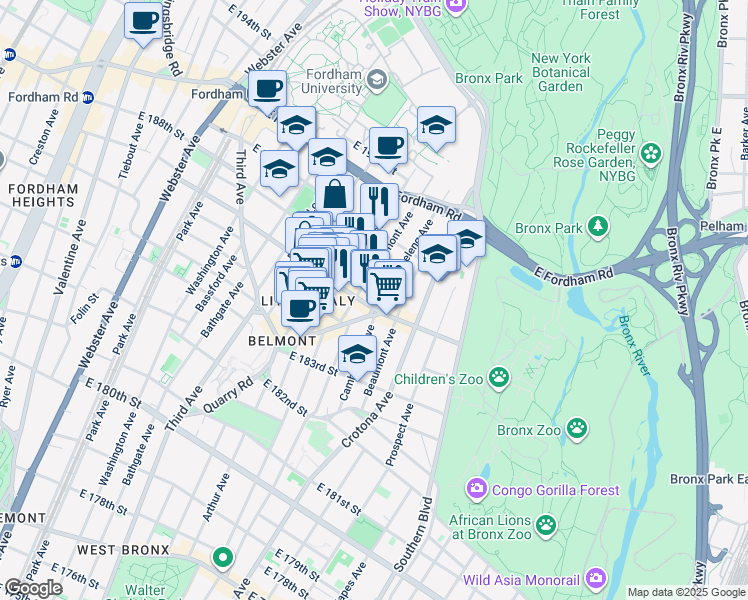 map of restaurants, bars, coffee shops, grocery stores, and more near in The Bronx