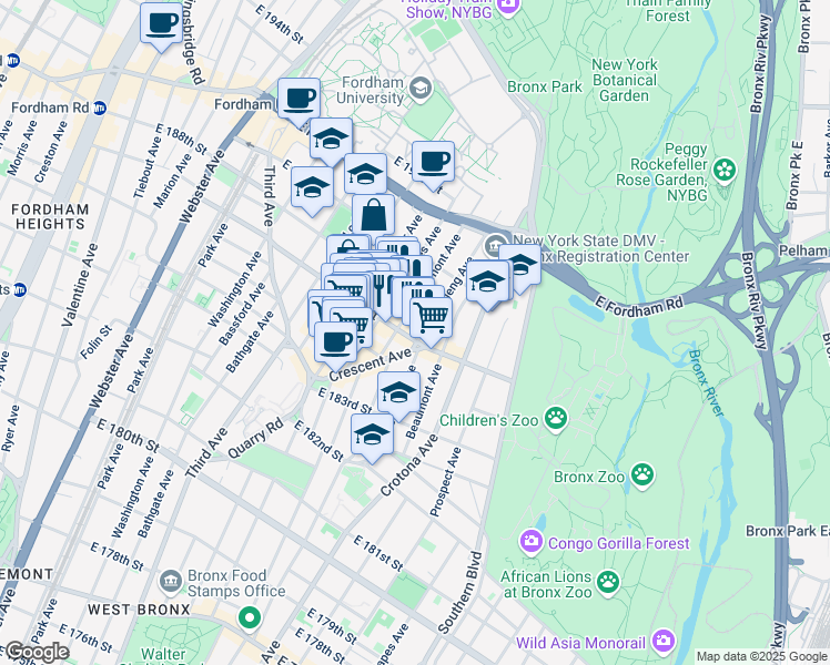 map of restaurants, bars, coffee shops, grocery stores, and more near in The Bronx