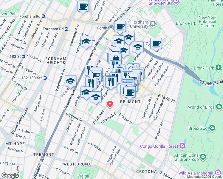 map of restaurants, bars, coffee shops, grocery stores, and more near in The Bronx