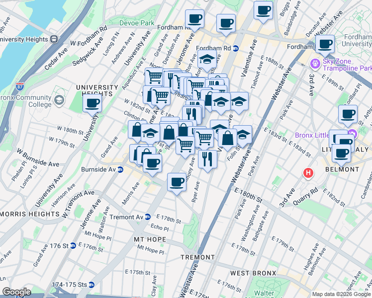 map of restaurants, bars, coffee shops, grocery stores, and more near 2188 Creston Avenue in The Bronx