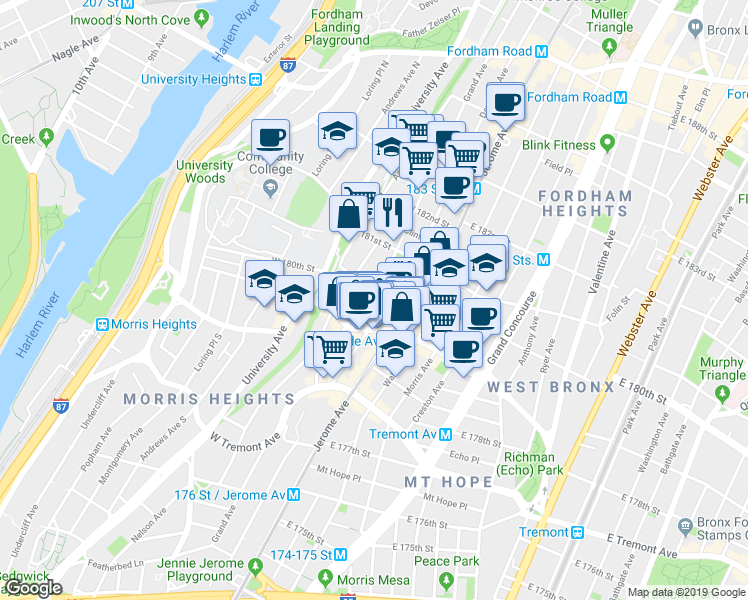 map of restaurants, bars, coffee shops, grocery stores, and more near in The Bronx